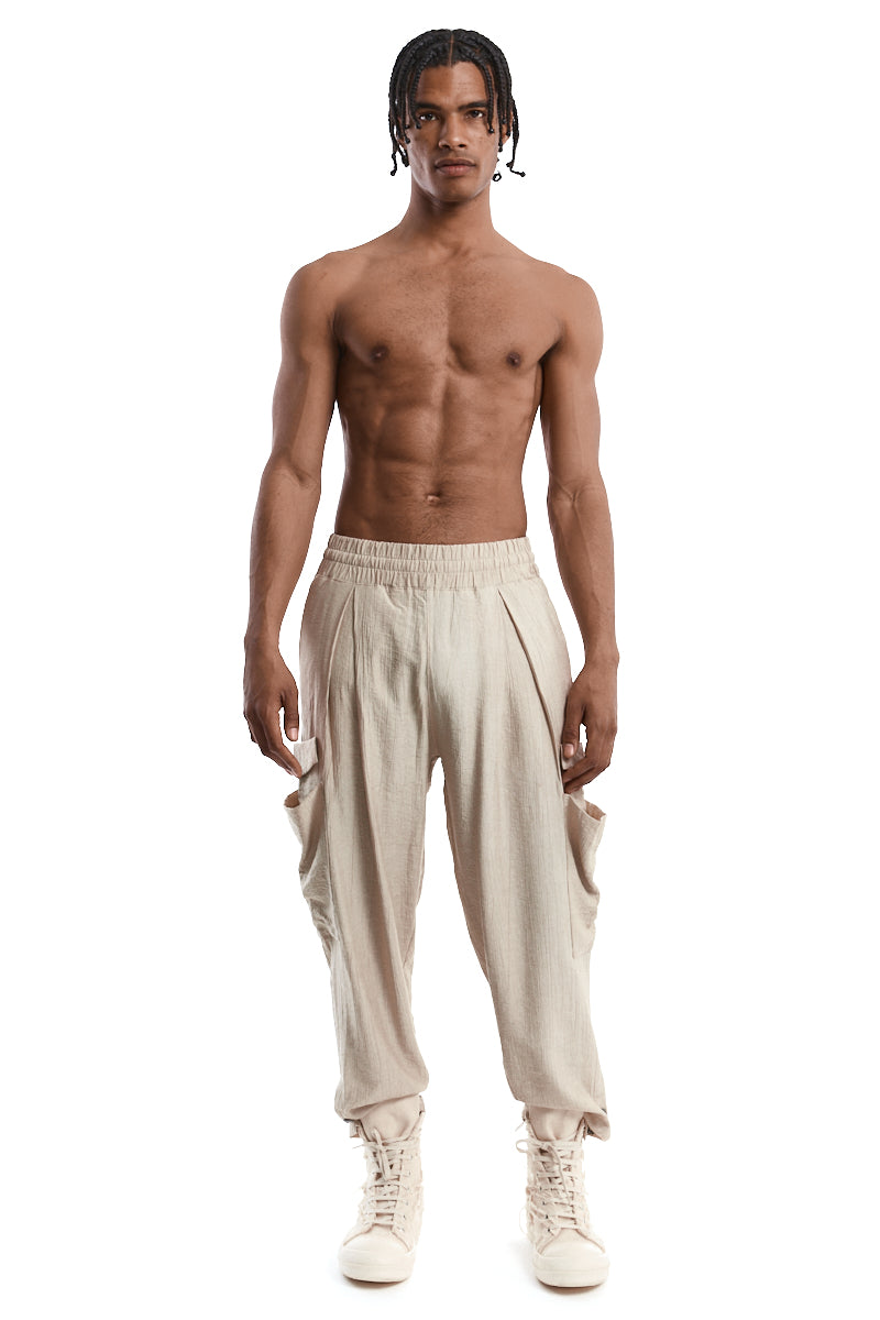 BEIGE TEXTURED VISCOSE COMFORT CARGO PANTS