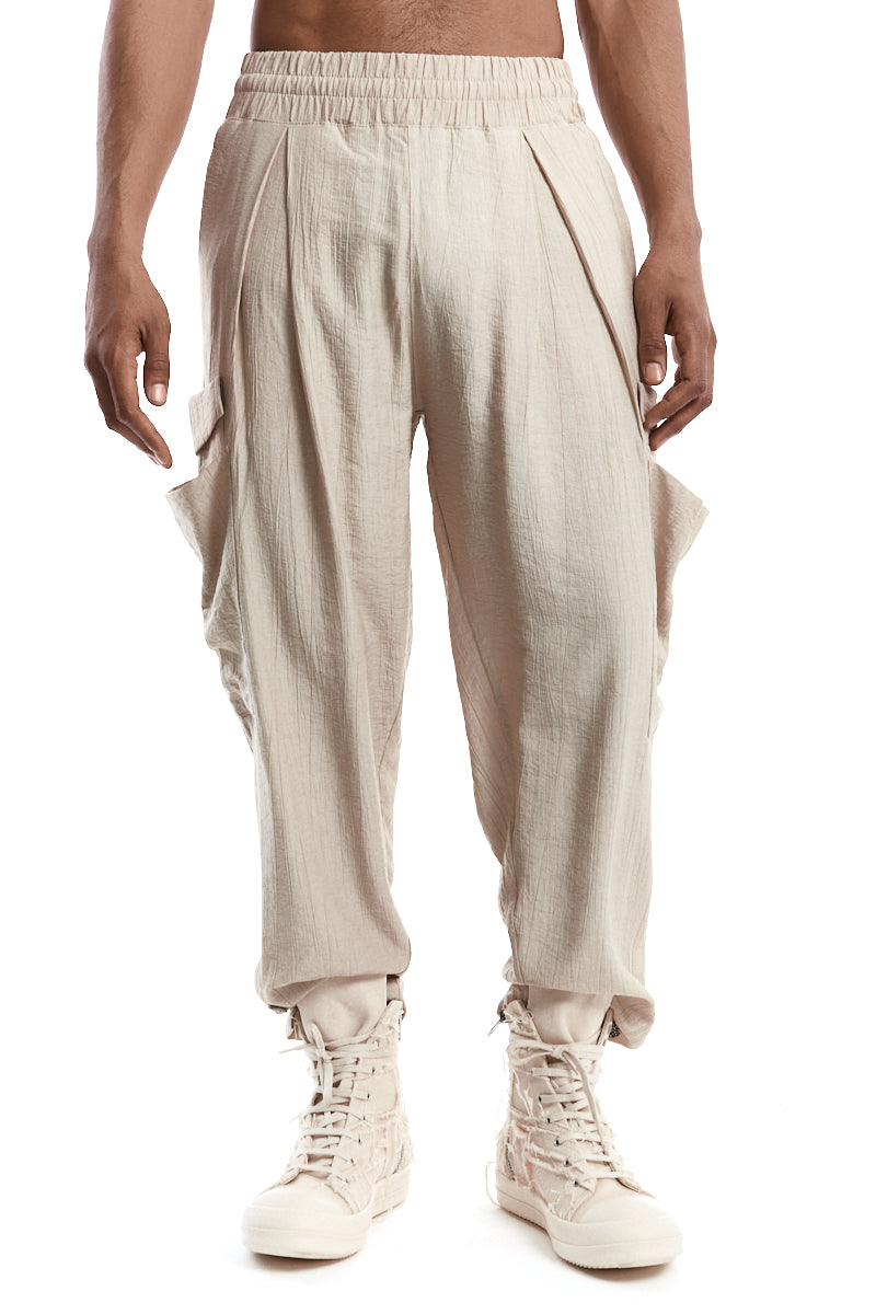 BEIGE TEXTURED VISCOSE COMFORT CARGO PANTS