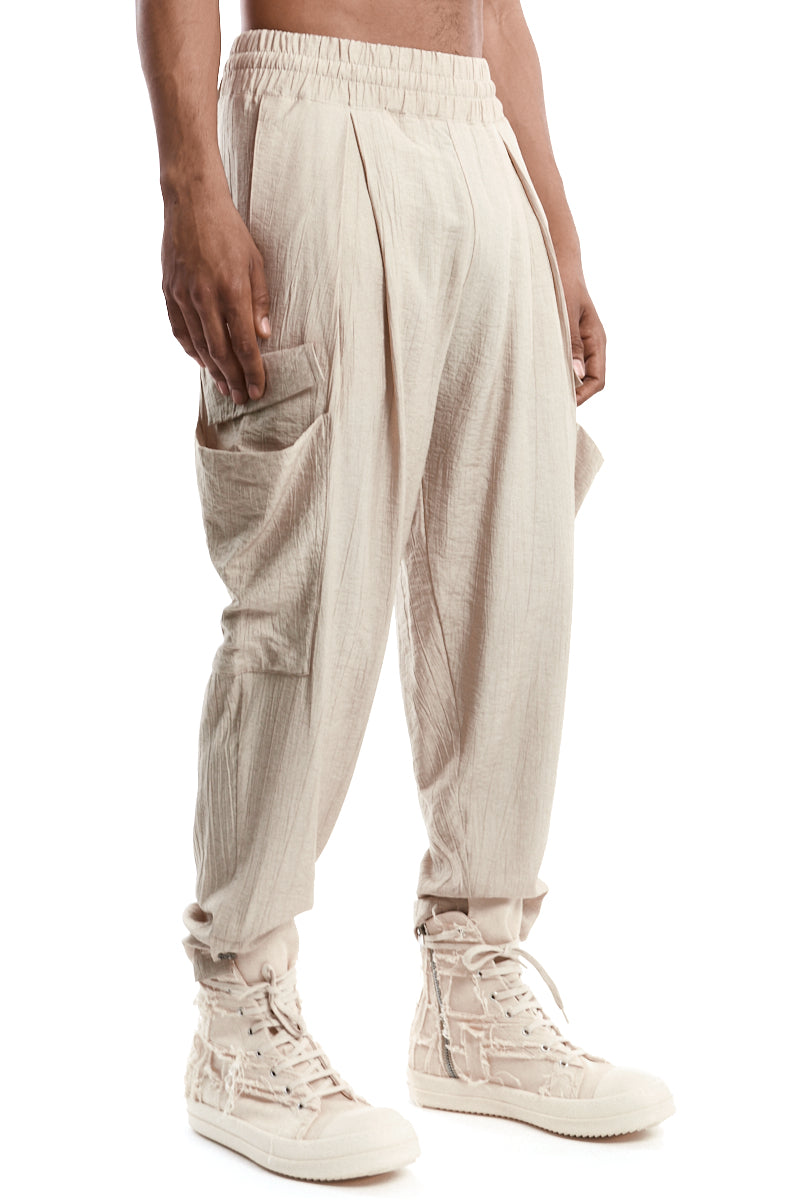 BEIGE TEXTURED VISCOSE COMFORT CARGO PANTS