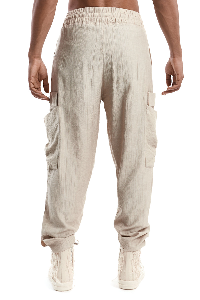 BEIGE TEXTURED VISCOSE COMFORT CARGO PANTS