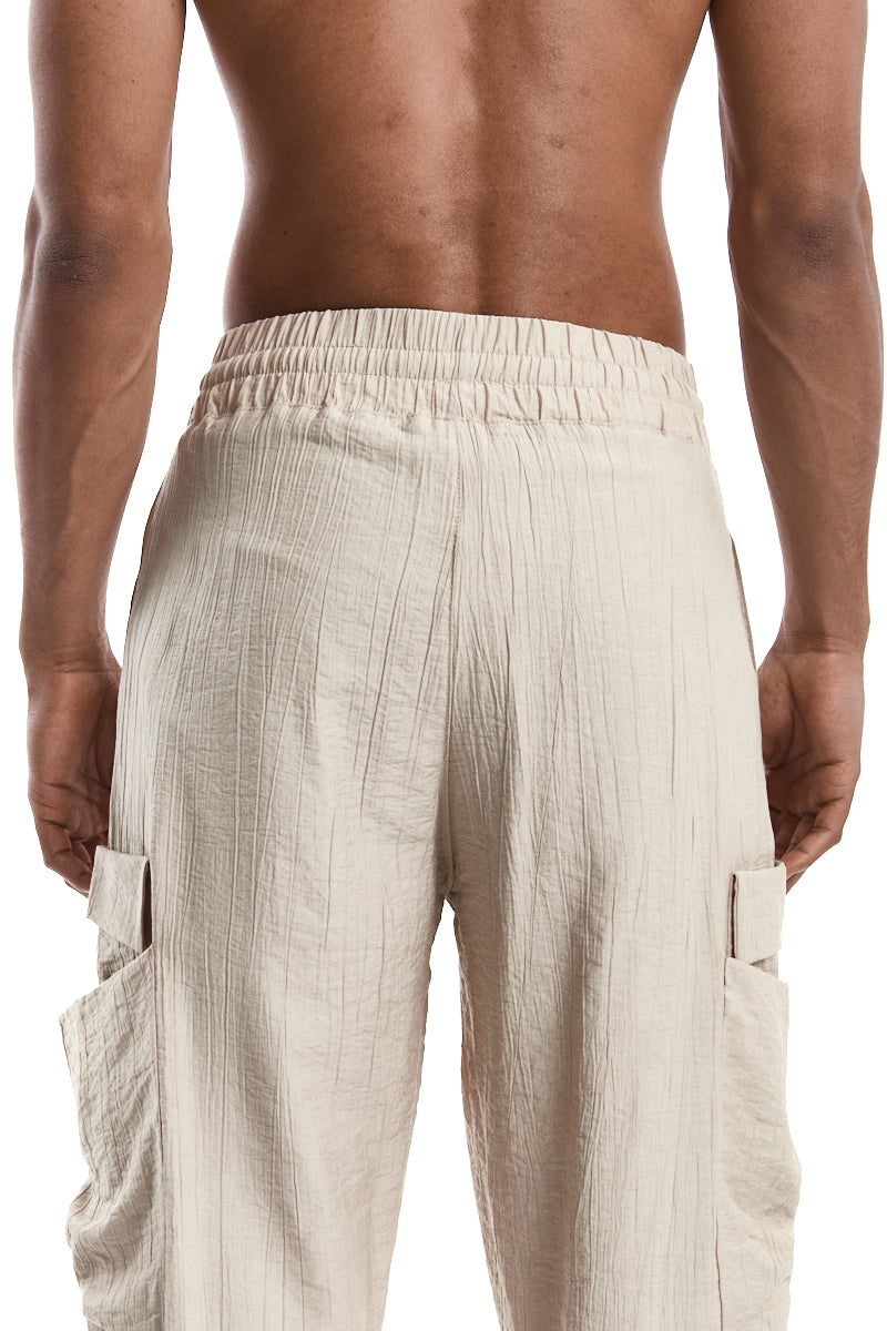 BEIGE TEXTURED VISCOSE COMFORT CARGO PANTS