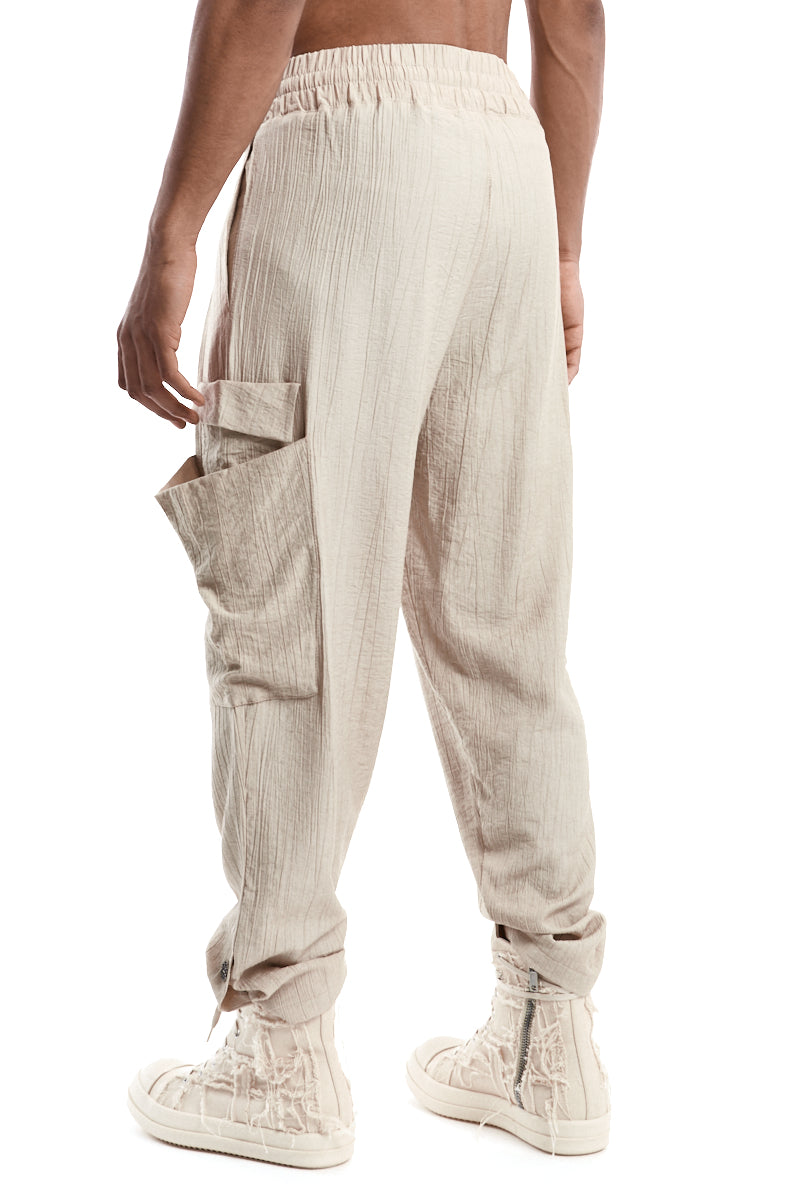 BEIGE TEXTURED VISCOSE COMFORT CARGO PANTS
