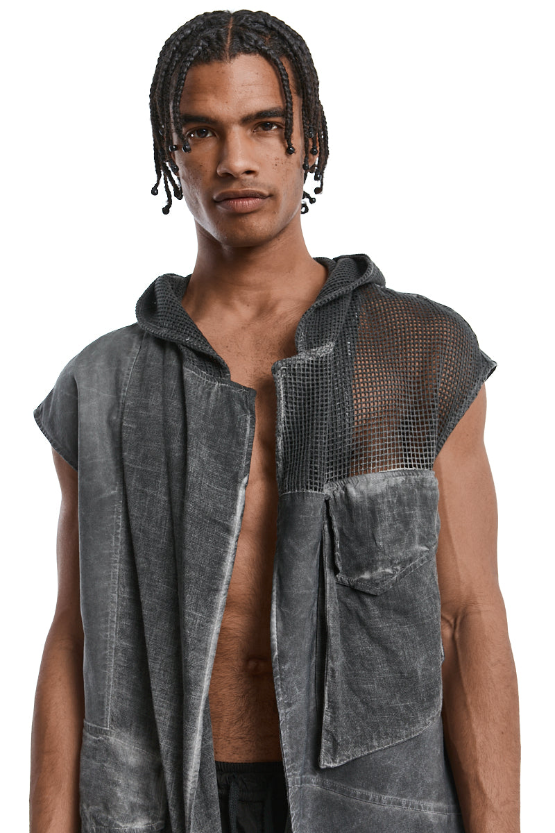 GREY OVERSIZED COLD-DYED LINEN BLEND GILET