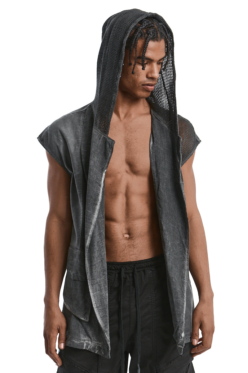 GREY OVERSIZED COLD-DYED LINEN BLEND GILET