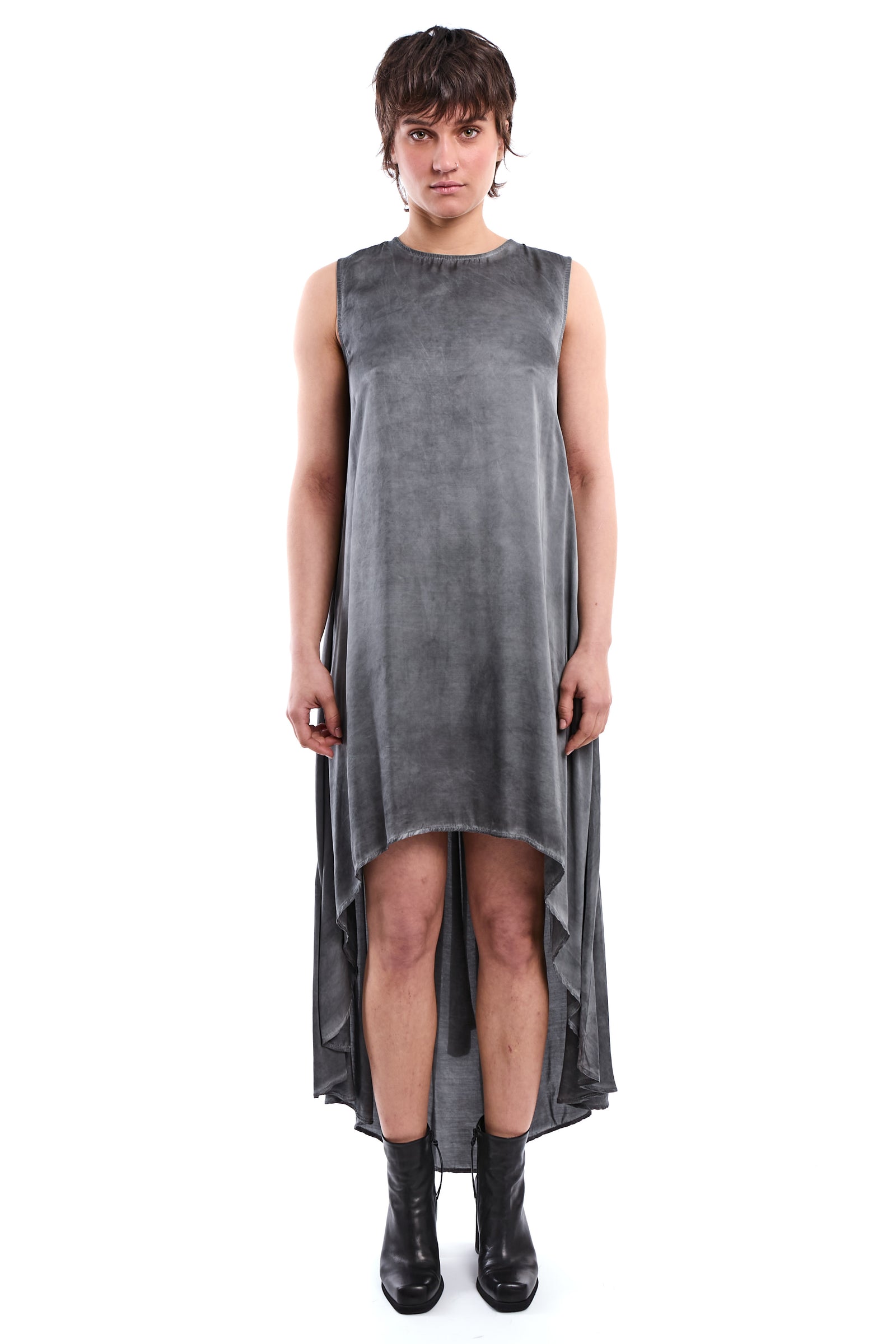 BLACK COLD-DYED ASYMMETRIC VISCOSE SATIN DRESS