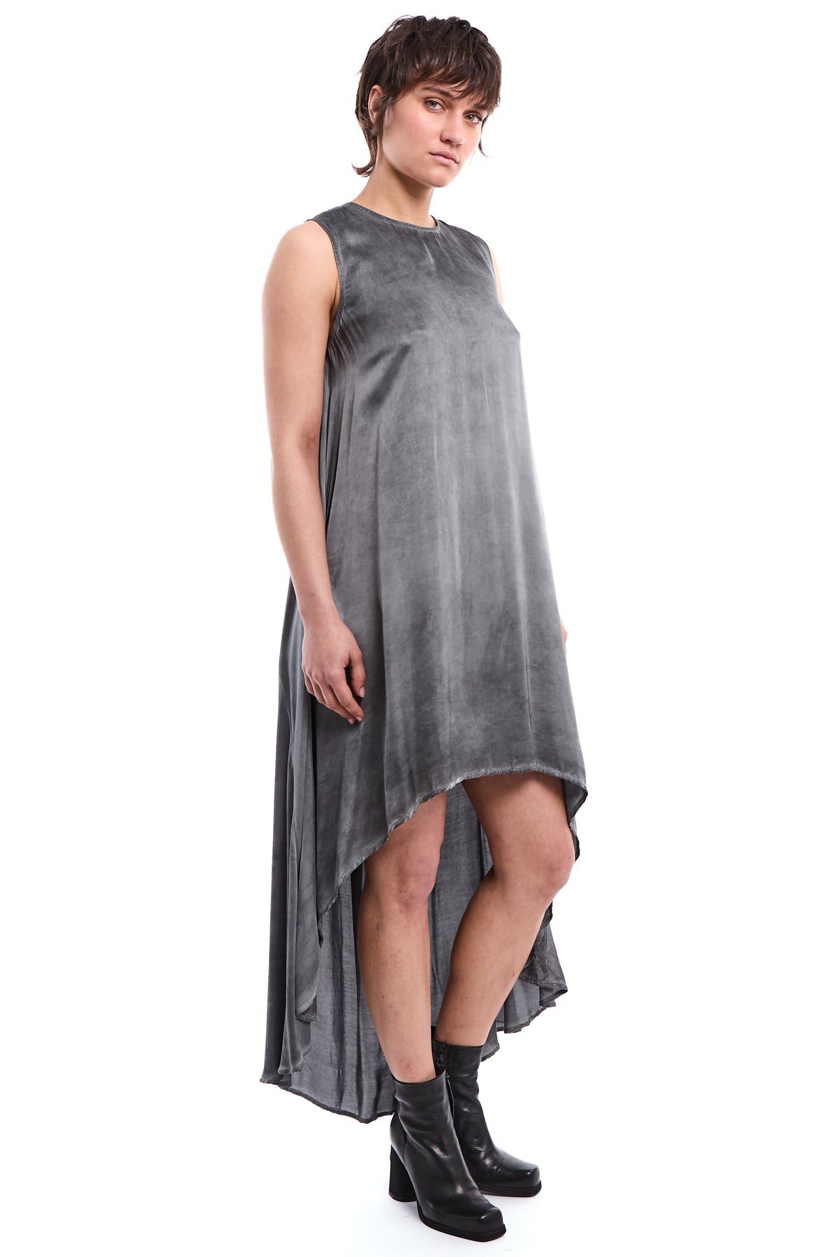 BLACK COLD-DYED ASYMMETRIC VISCOSE SATIN DRESS