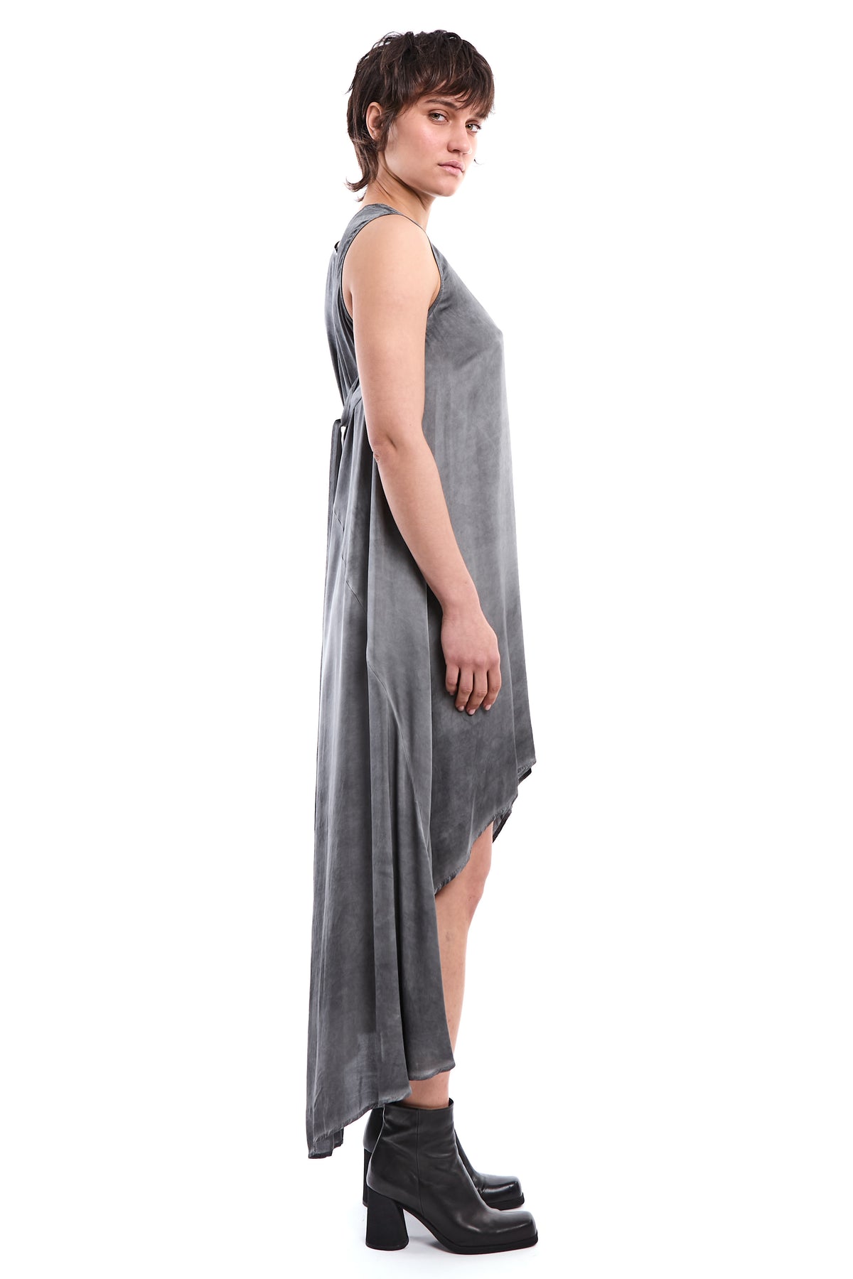 BLACK COLD-DYED ASYMMETRIC VISCOSE SATIN DRESS