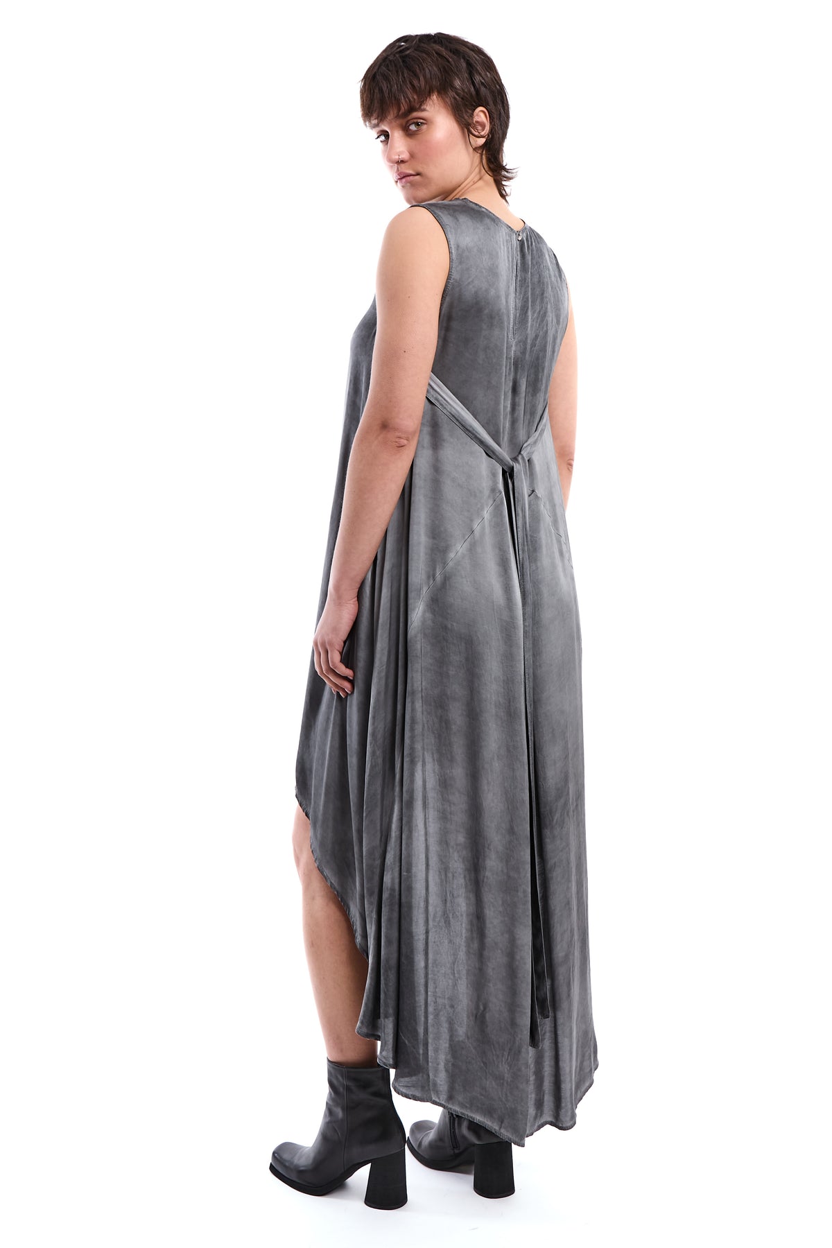 BLACK COLD-DYED ASYMMETRIC VISCOSE SATIN DRESS