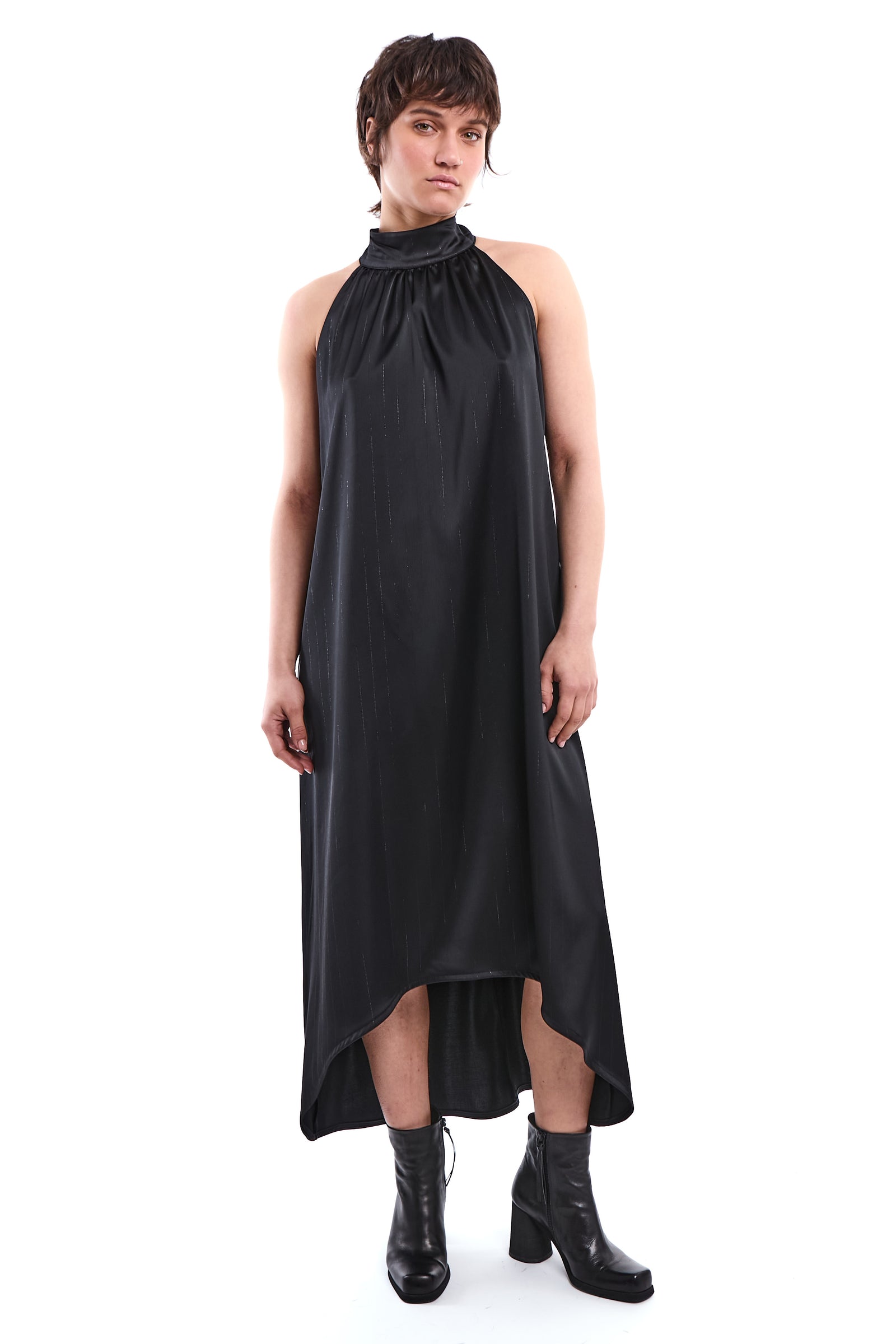 ASYMMETRIC LUREX SATIN PINSTRIPE DRESS