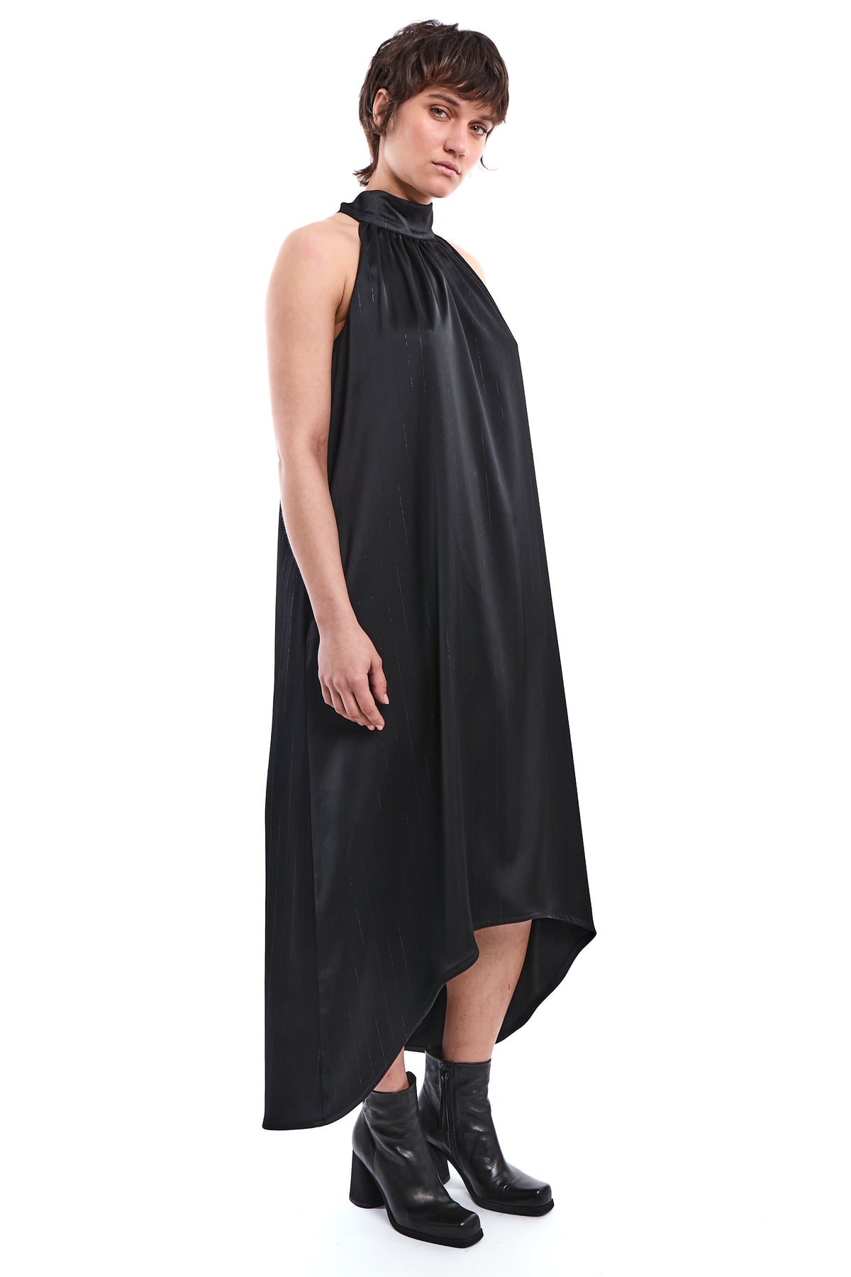 ASYMMETRIC LUREX SATIN PINSTRIPE DRESS