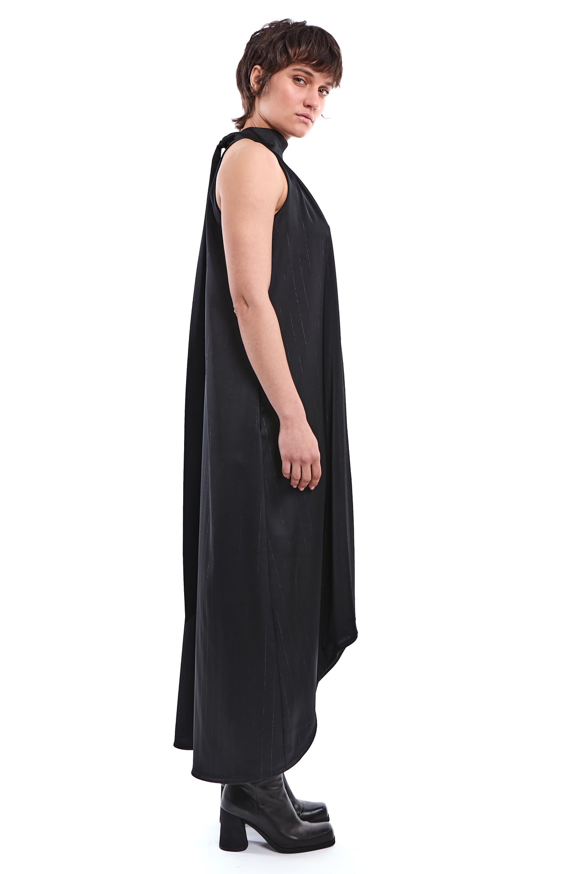 ASYMMETRIC LUREX SATIN PINSTRIPE DRESS