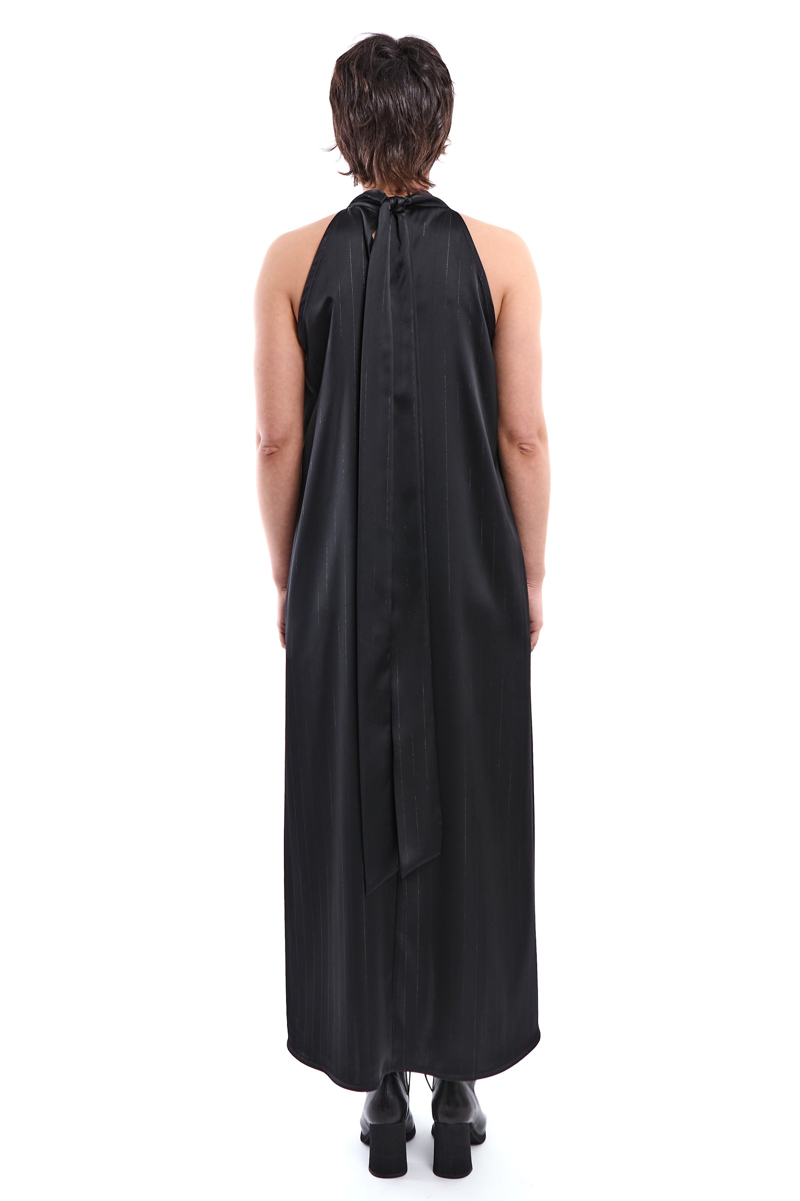 ASYMMETRIC LUREX SATIN PINSTRIPE DRESS