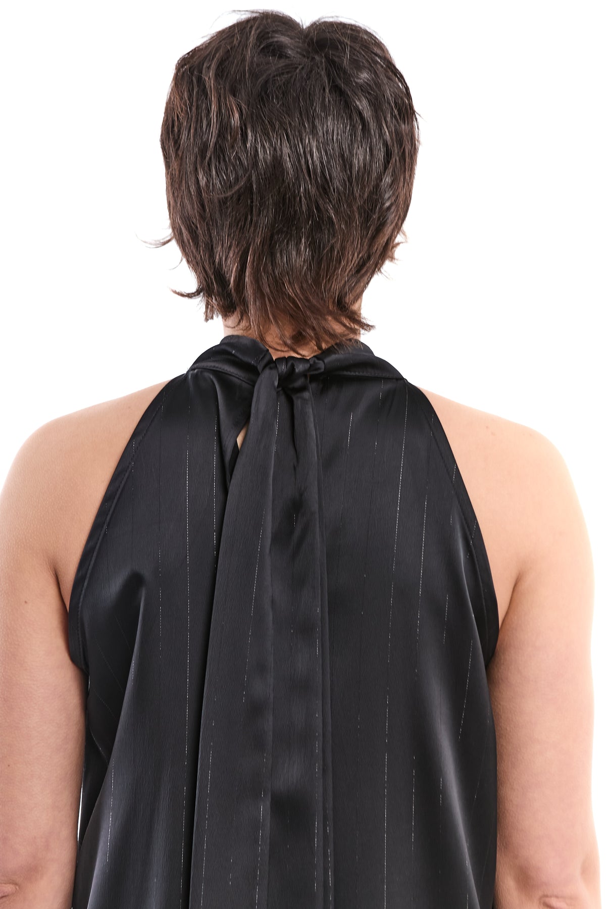 ASYMMETRIC LUREX SATIN PINSTRIPE DRESS