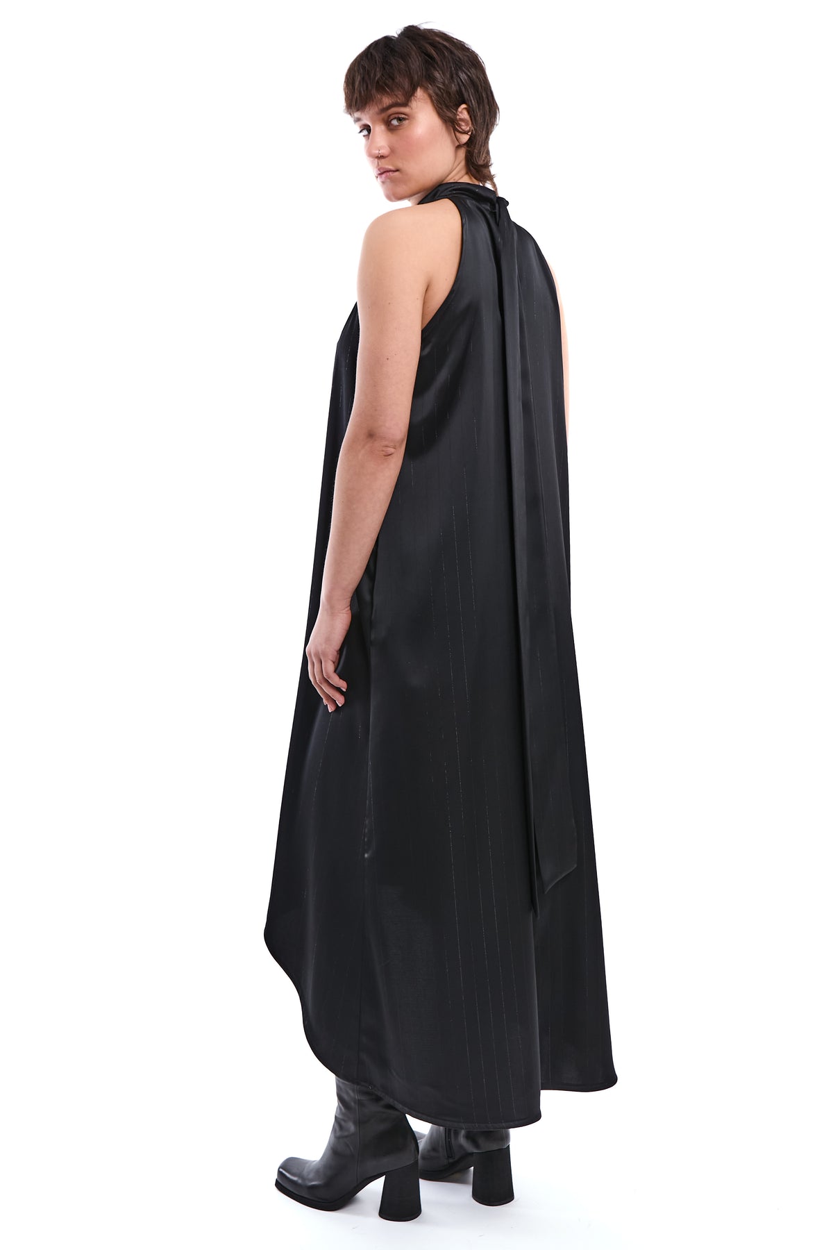 ASYMMETRIC LUREX SATIN PINSTRIPE DRESS