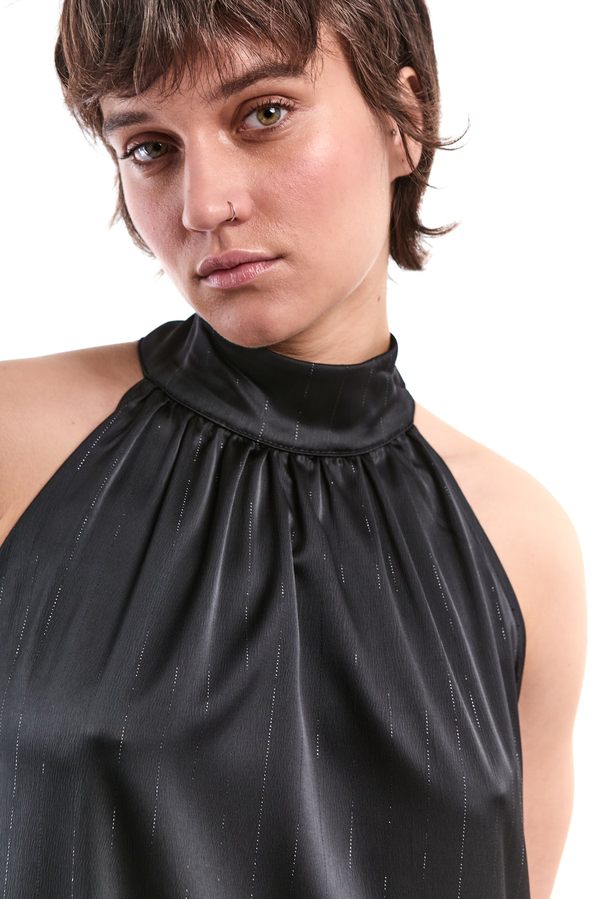 ASYMMETRIC LUREX SATIN PINSTRIPE DRESS