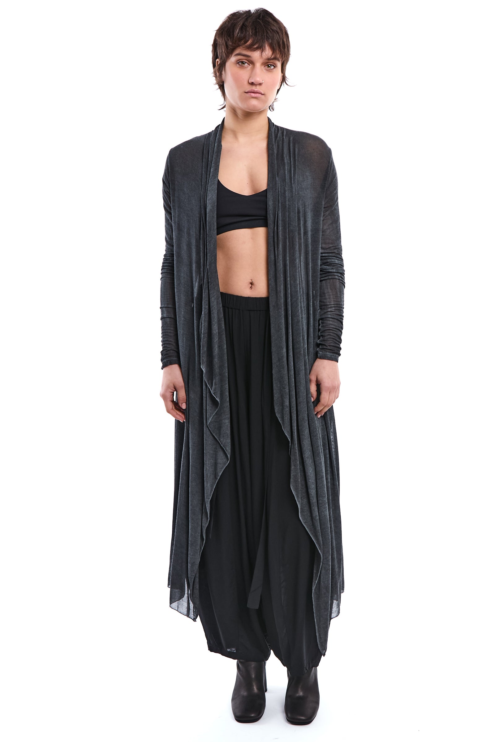 COLD-DYED GREY ASYMMETRIC MODAL-SILK CARDIGAN