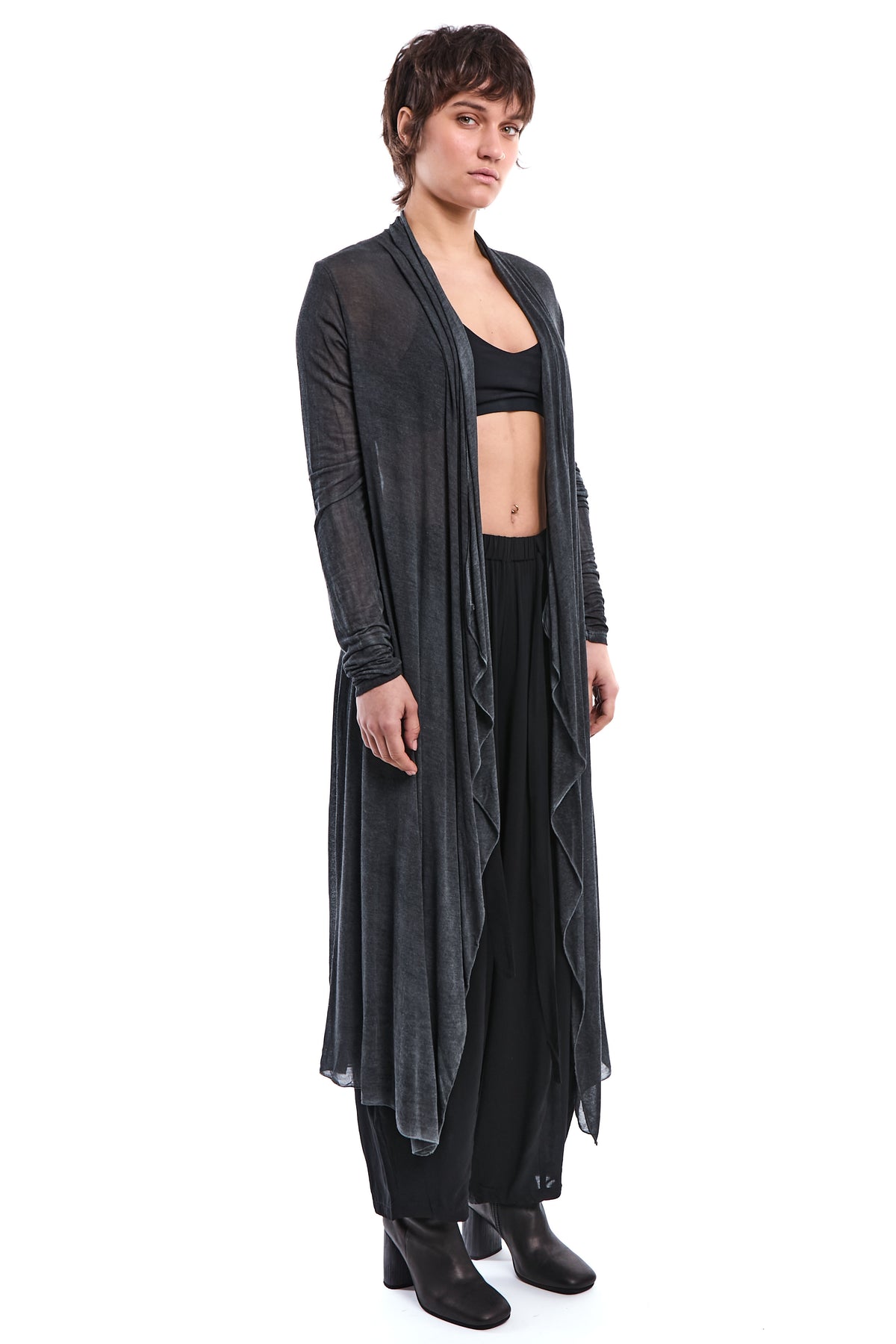 COLD-DYED GREY ASYMMETRIC MODAL-SILK CARDIGAN