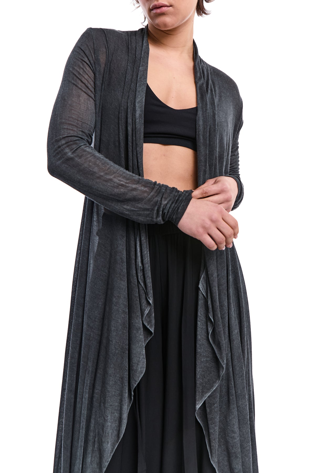 COLD-DYED GREY ASYMMETRIC MODAL-SILK CARDIGAN