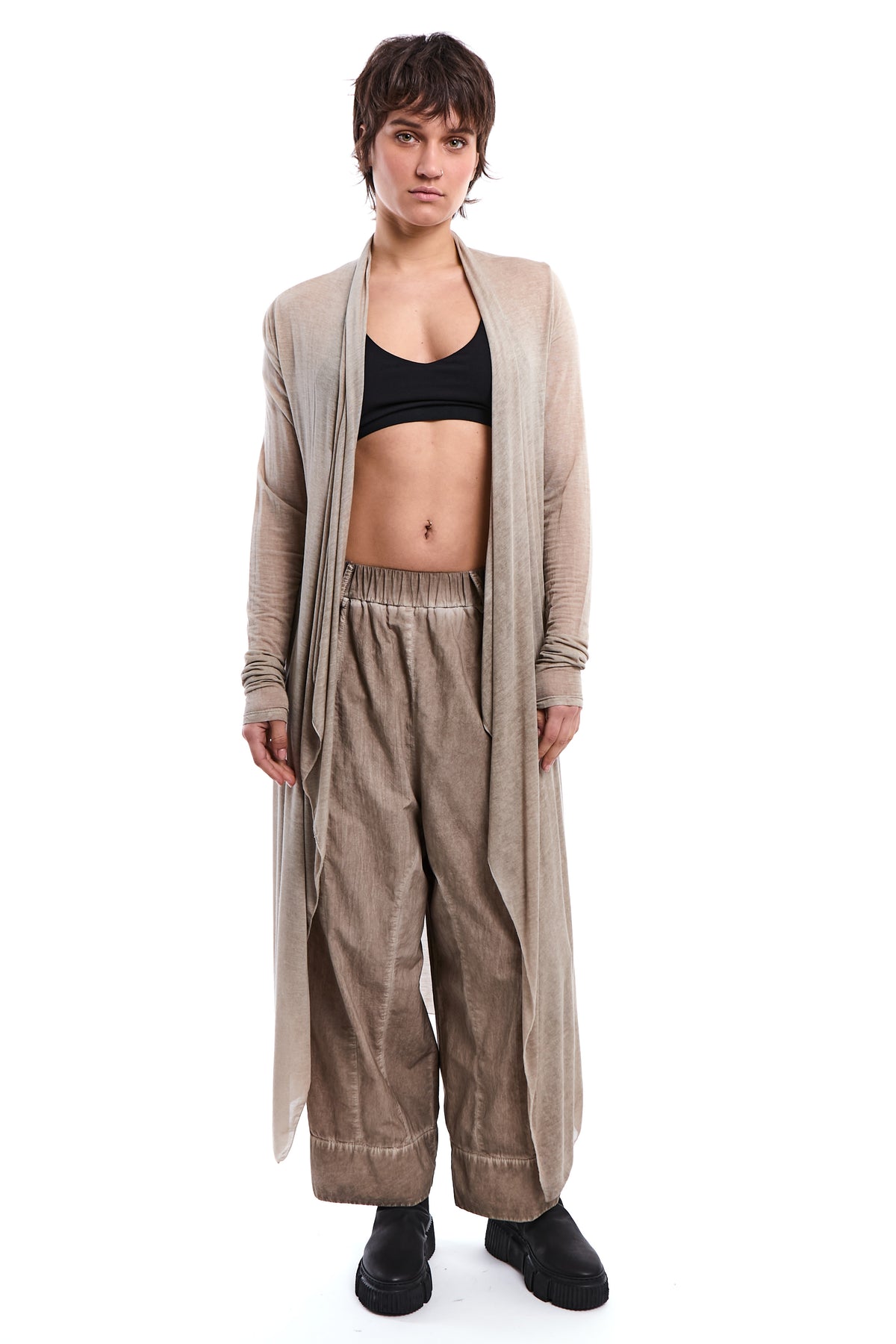 COLD-DYED MUD ASYMMETRIC MODAL-SILK CARDIGAN