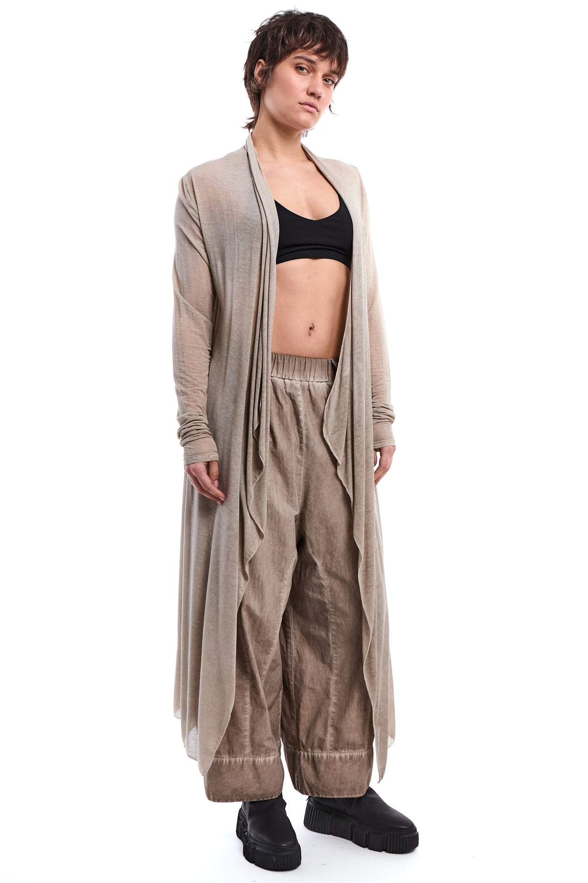 COLD-DYED MUD ASYMMETRIC MODAL-SILK CARDIGAN