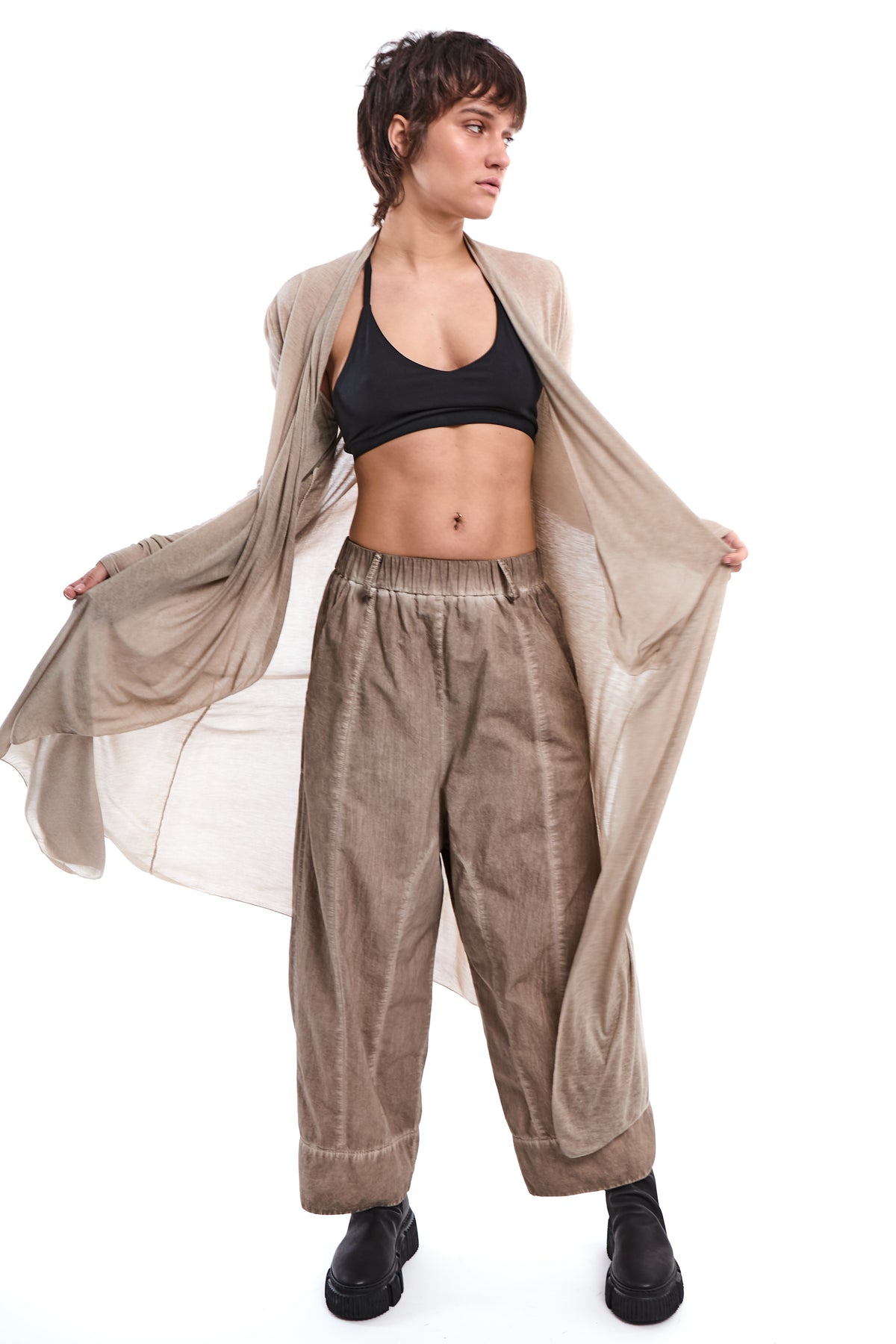 COLD-DYED MUD ASYMMETRIC MODAL-SILK CARDIGAN