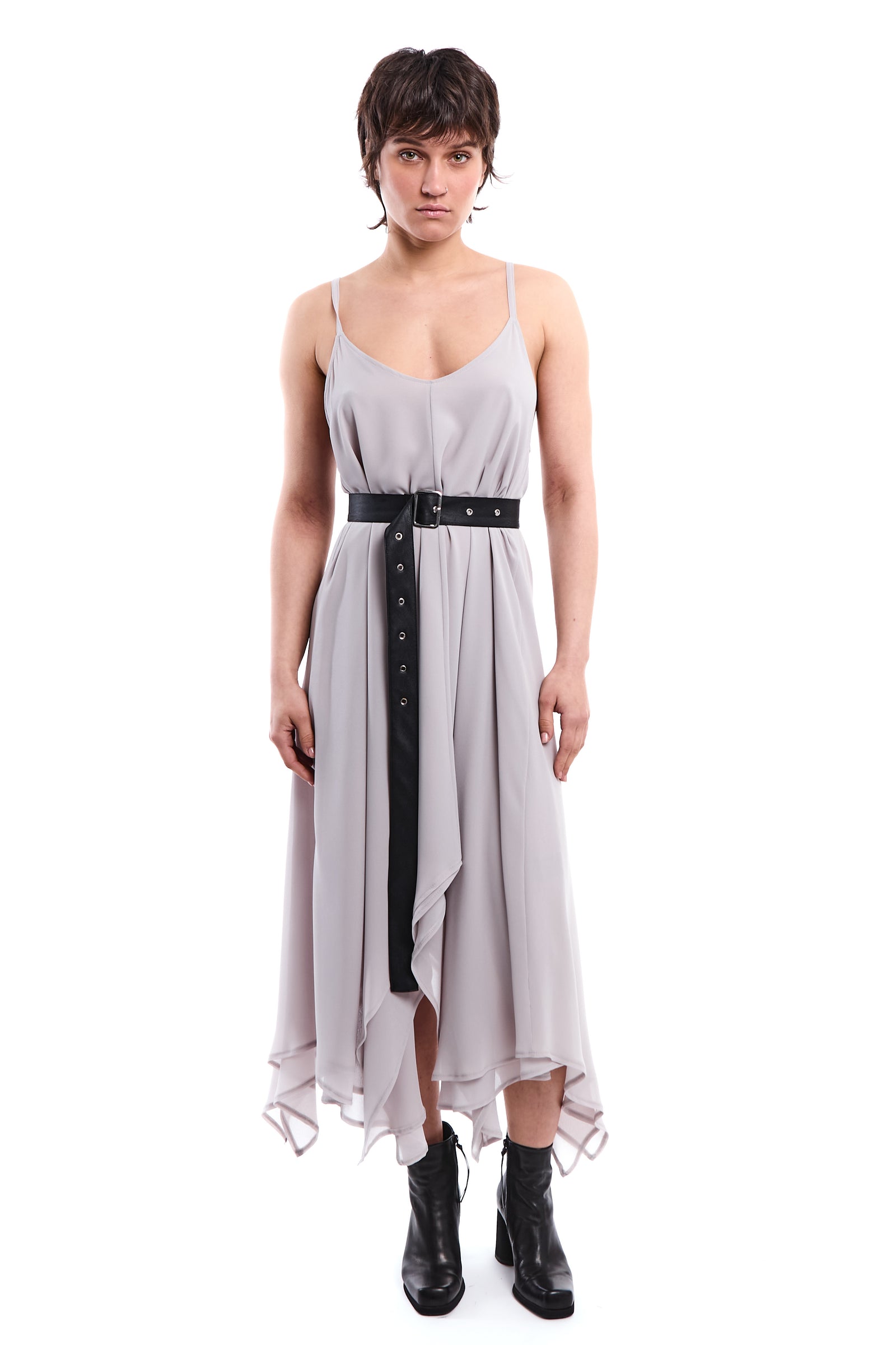 LA-HAINE-INSIDE-US GREY ASYMMETRIC LAYERED DRESS - frontal