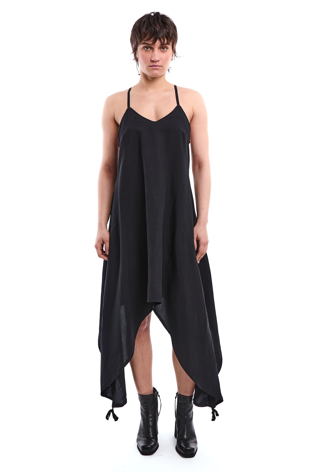 BLACK LONG LINEN-BLEND DRESS