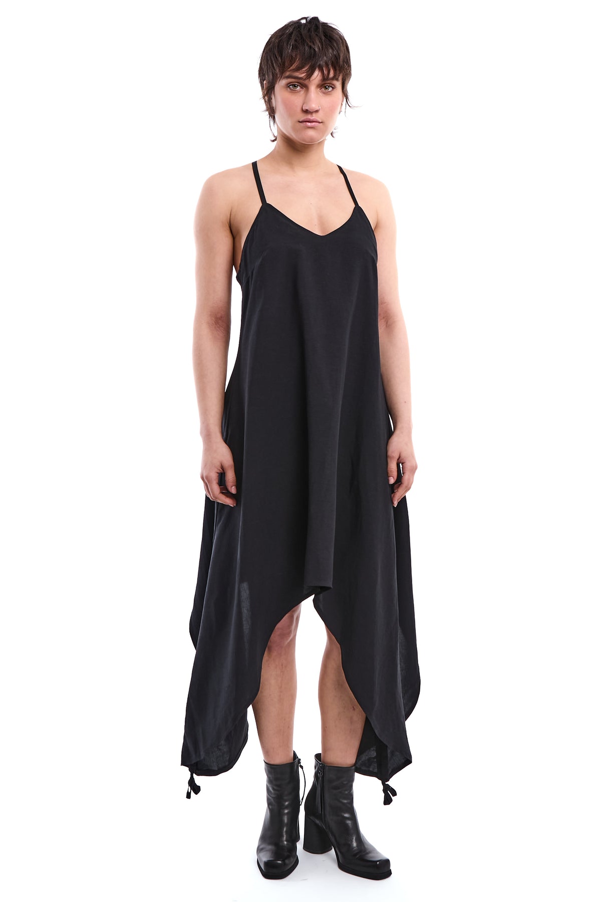 BLACK LONG LINEN-BLEND DRESS