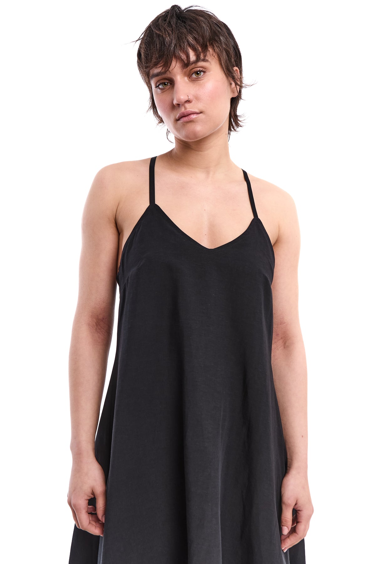BLACK LONG LINEN-BLEND DRESS