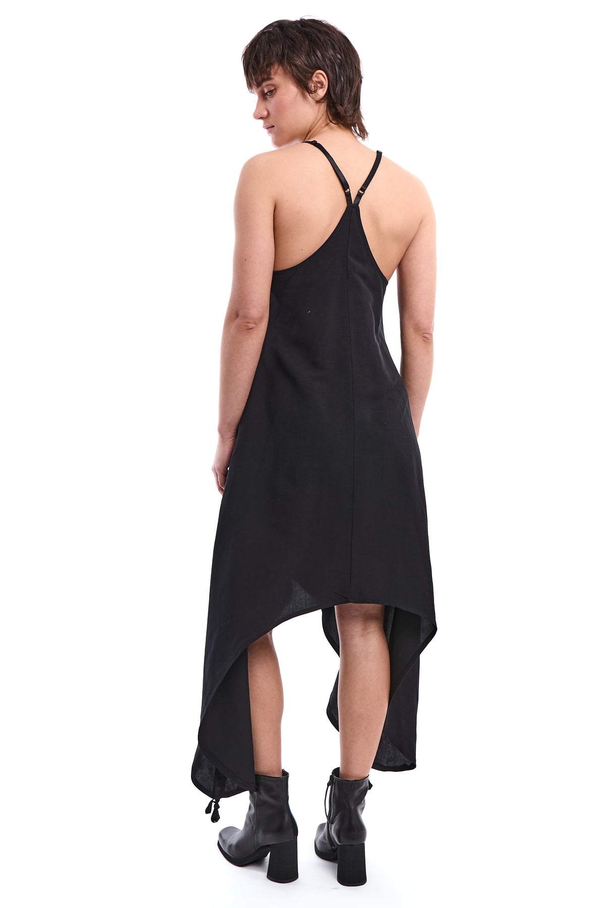 BLACK LONG LINEN-BLEND DRESS