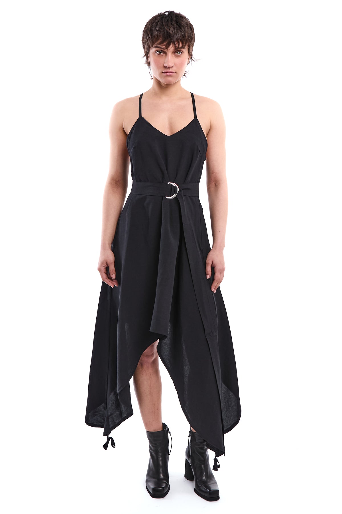 BLACK LONG LINEN-BLEND DRESS
