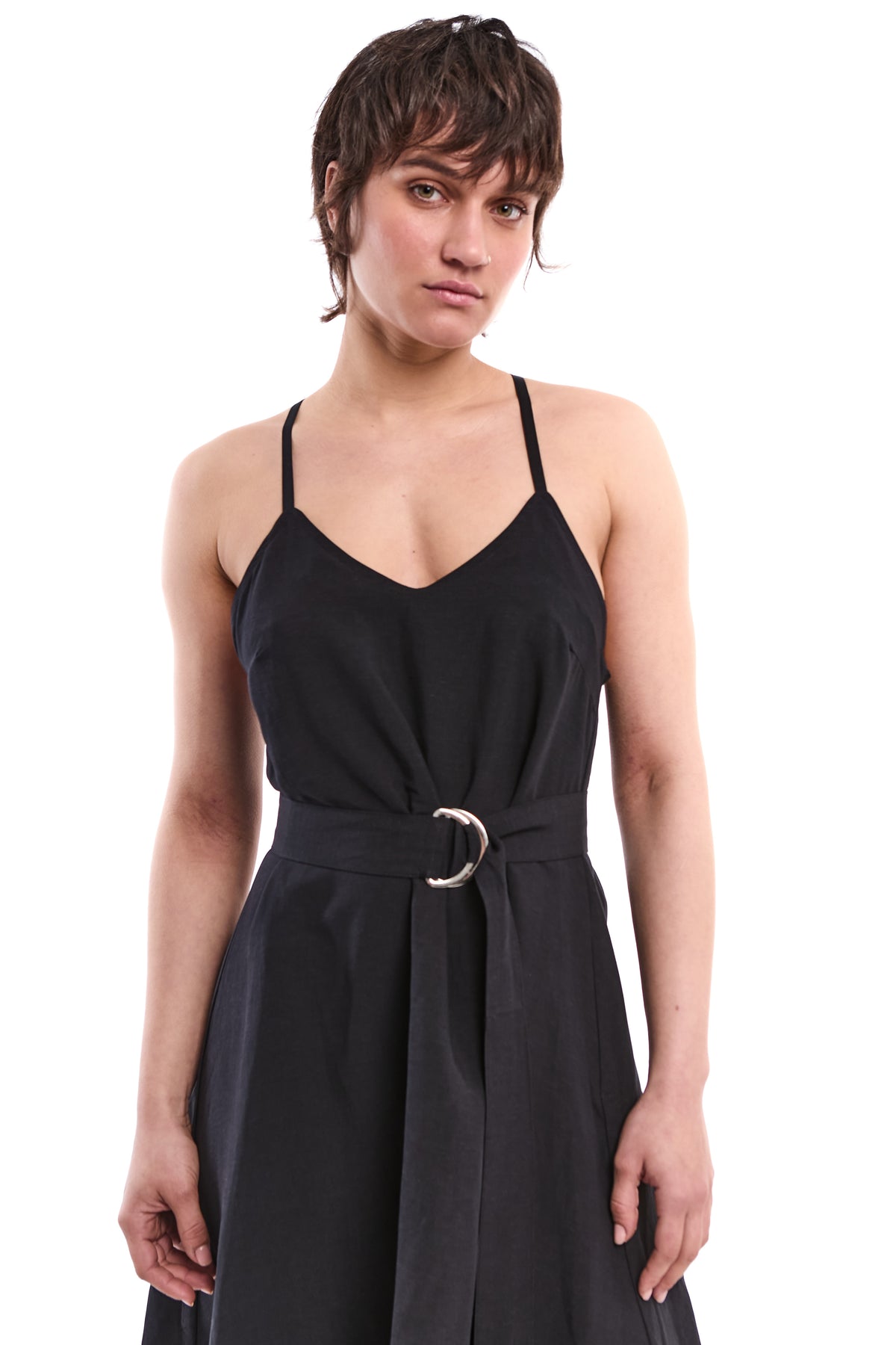 BLACK LONG LINEN-BLEND DRESS
