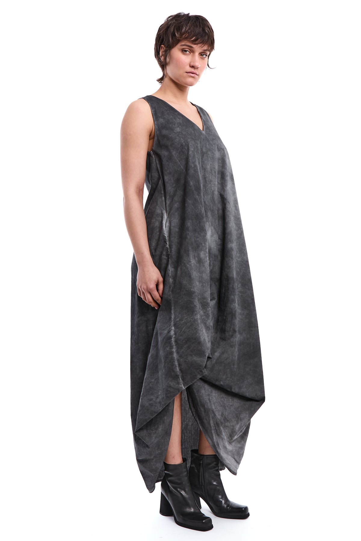 GREY DYED COTTON GABARDINE DRESS