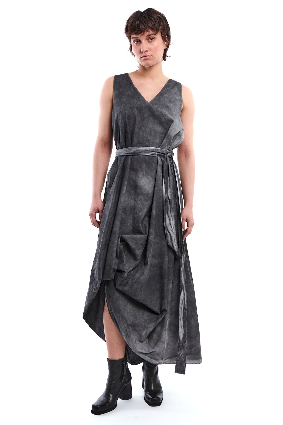 GREY DYED COTTON GABARDINE DRESS