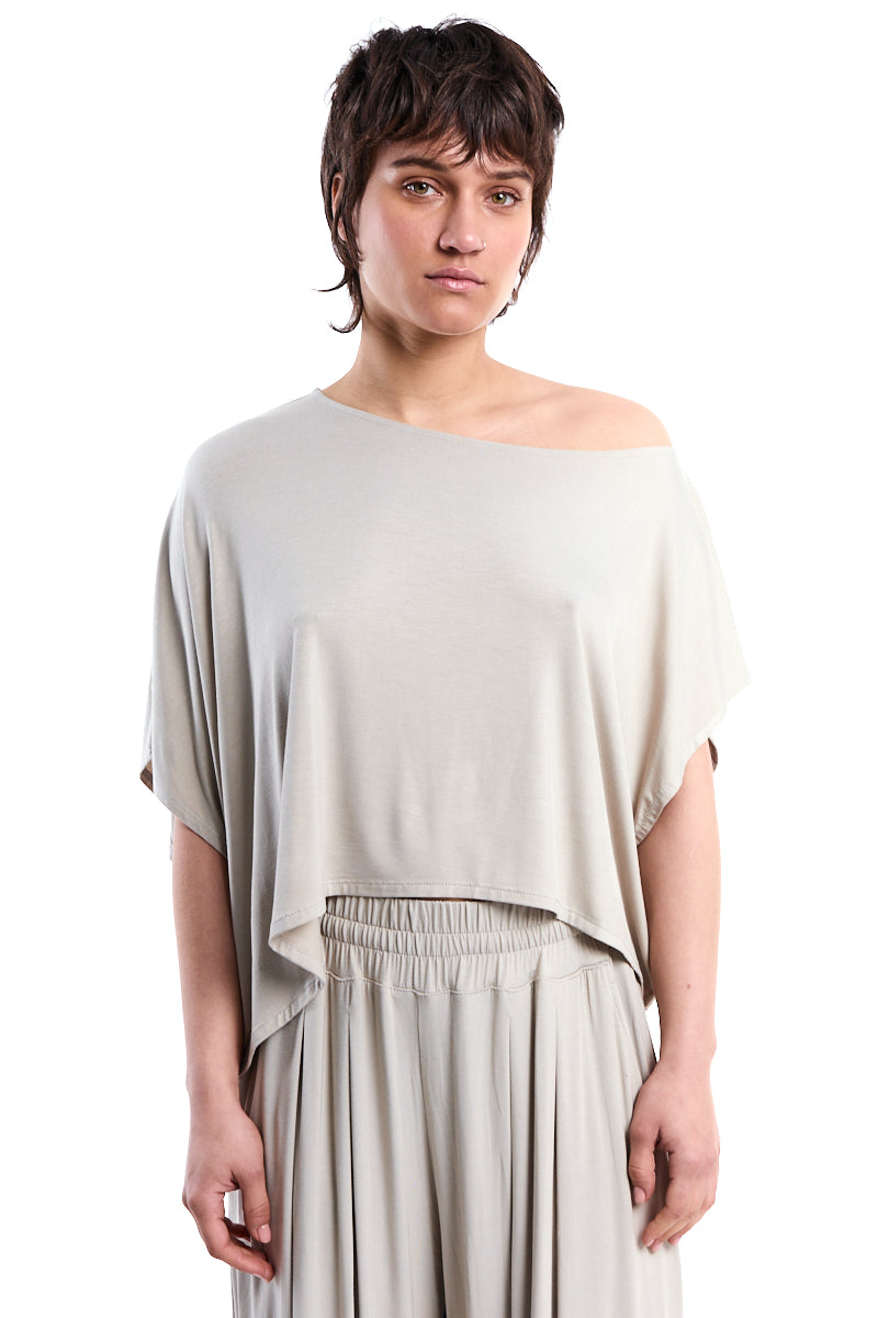 BEIGE ASYMMETRIC BAMBOO CROP TOP