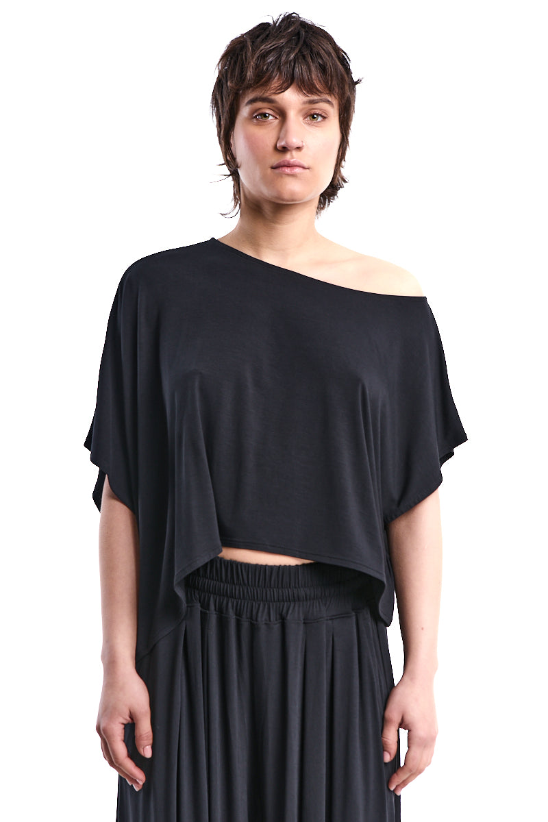 BLACK ASYMMETRIC BAMBOO CROP TOP
