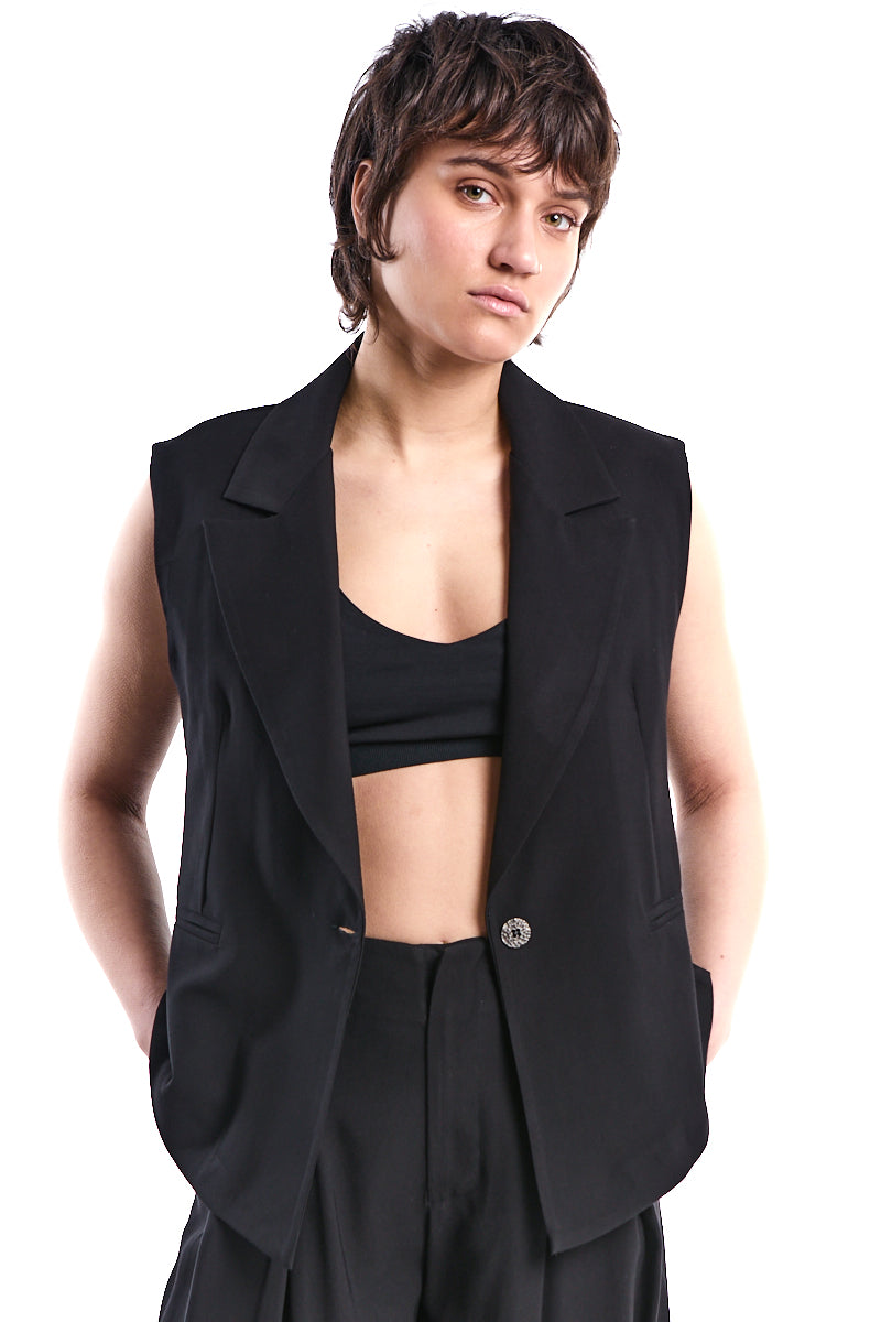 BLACK OVERSIZED CROPPED VISCOSE GILET