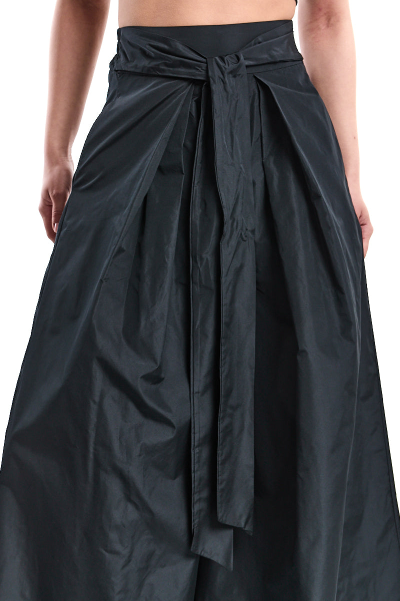 BLACK TAFFETA FLARED PALAZZO PANTS