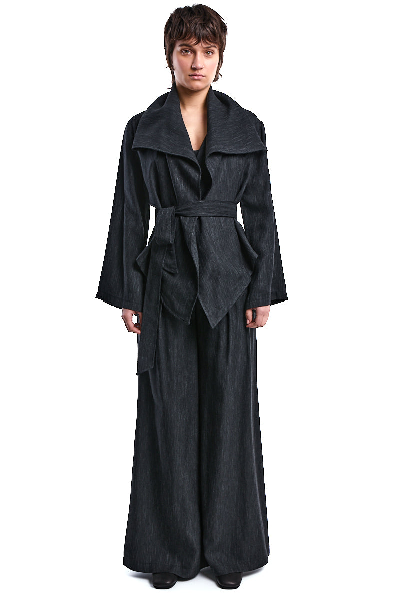 ASYMMETRIC DENIM-EFFECT OVERSIZED JACKET