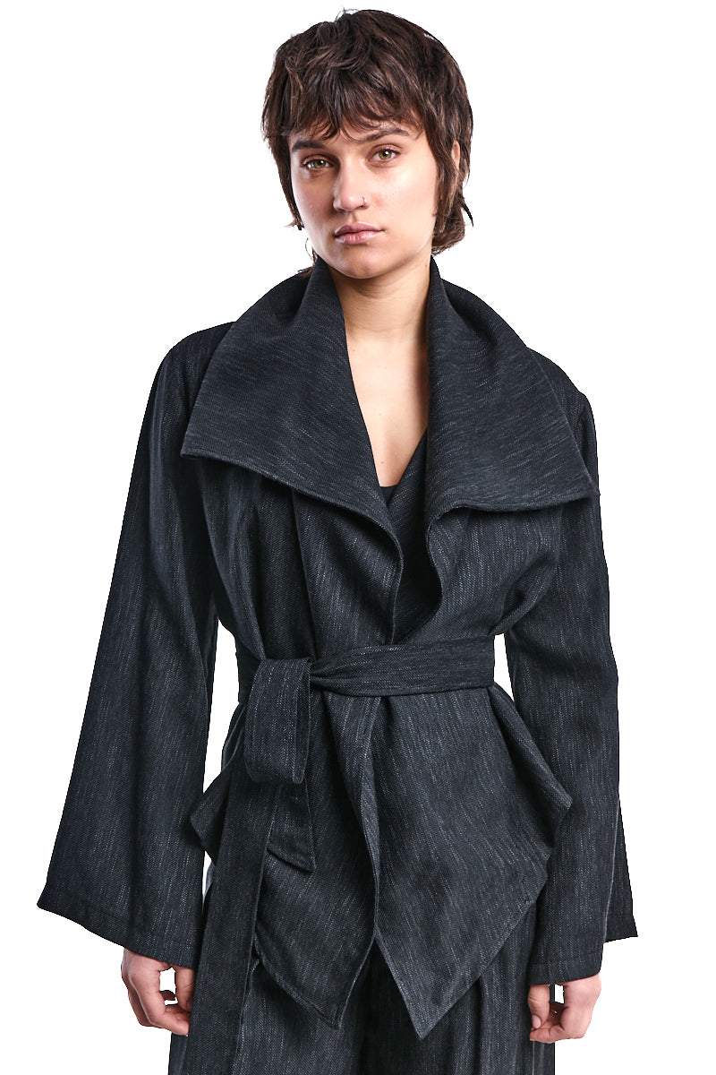 ASYMMETRIC DENIM-EFFECT OVERSIZED JACKET
