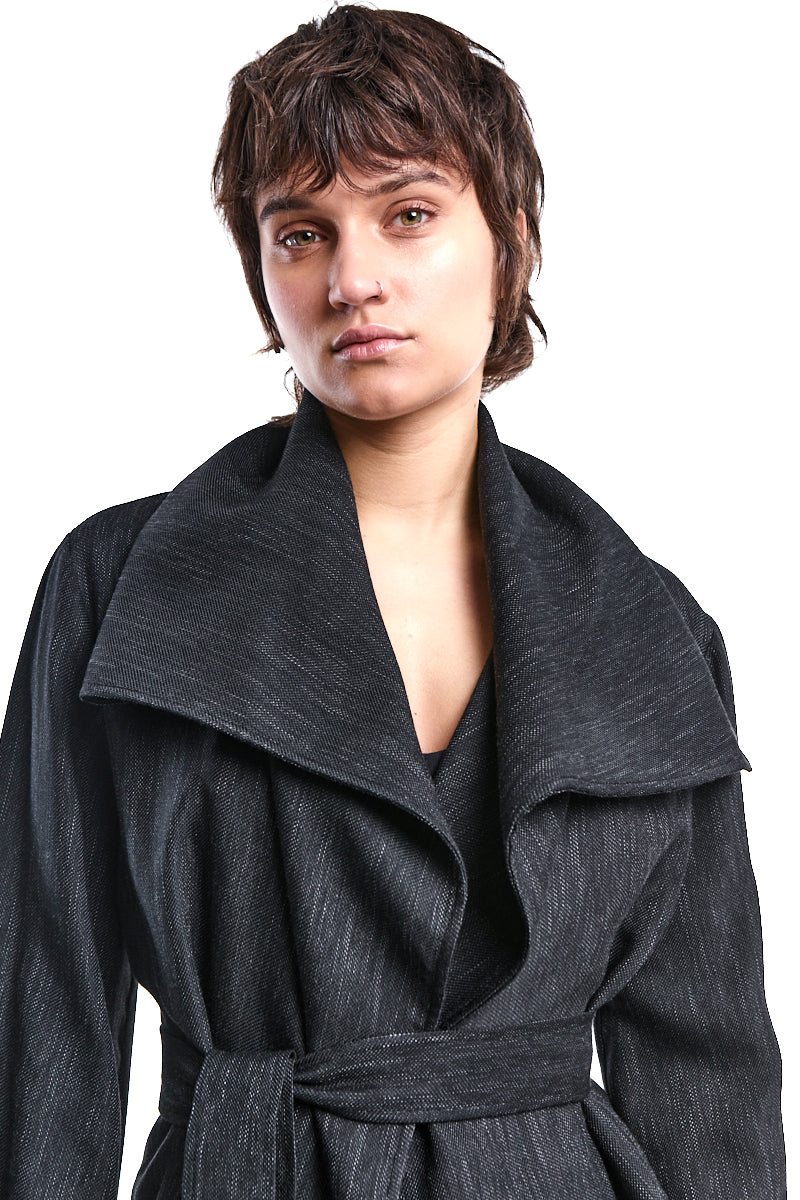 ASYMMETRIC DENIM-EFFECT OVERSIZED JACKET