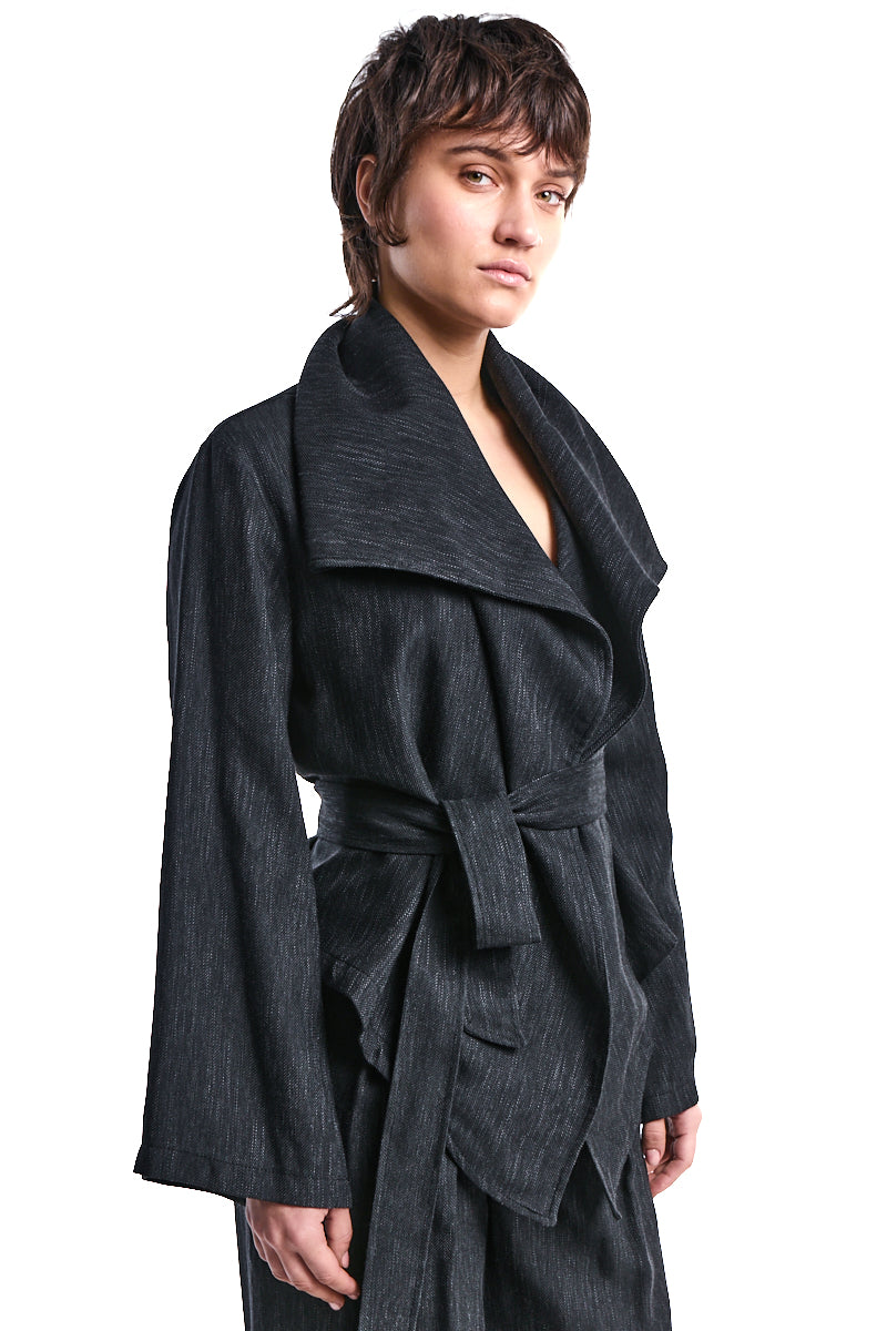 ASYMMETRIC DENIM-EFFECT OVERSIZED JACKET