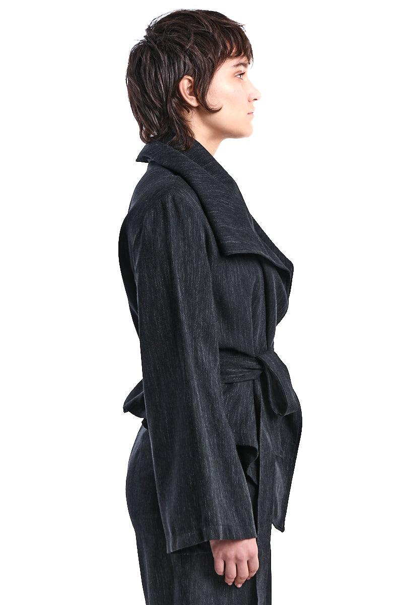 ASYMMETRIC DENIM-EFFECT OVERSIZED JACKET