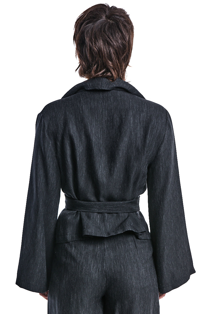 ASYMMETRIC DENIM-EFFECT OVERSIZED JACKET