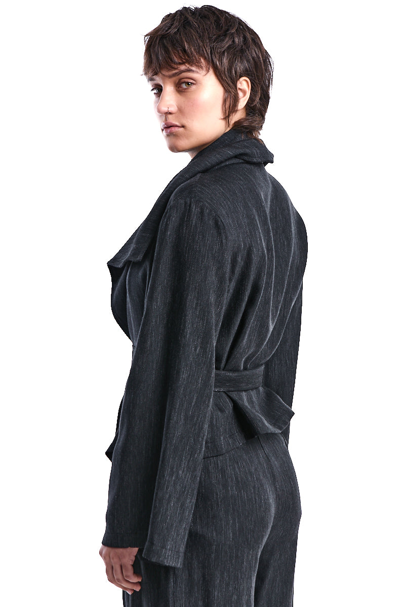 ASYMMETRIC DENIM-EFFECT OVERSIZED JACKET