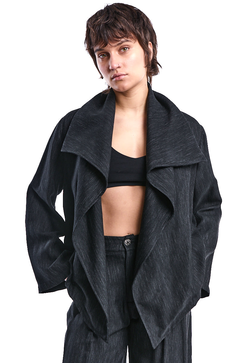 ASYMMETRIC DENIM-EFFECT OVERSIZED JACKET