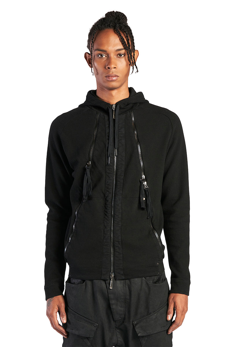 BLACK ZIPPED MIXED HOODY
