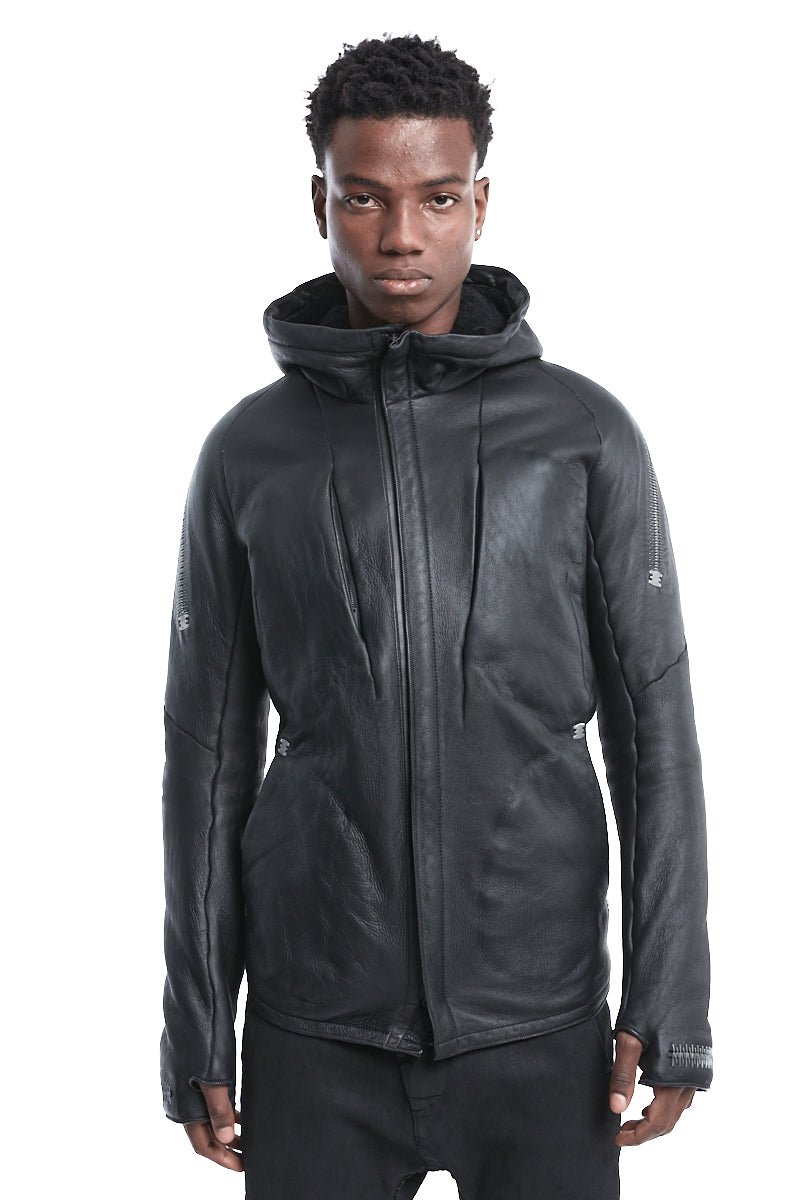 BLACK SHEARLING HOODED JACKET