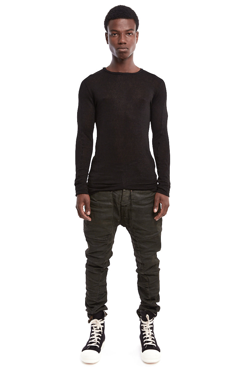 BLACK LIGHT STRETCH LINEN ROUND NECK TOP