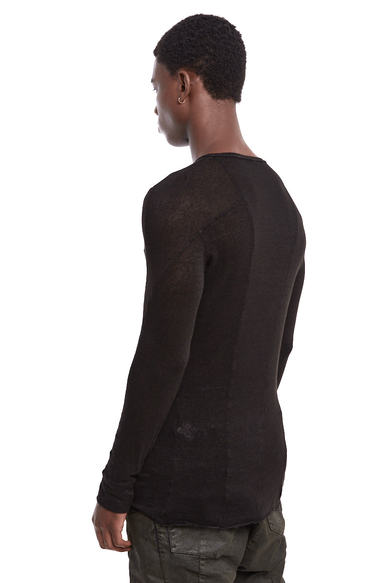 BLACK LIGHT STRETCH LINEN ROUND NECK TOP